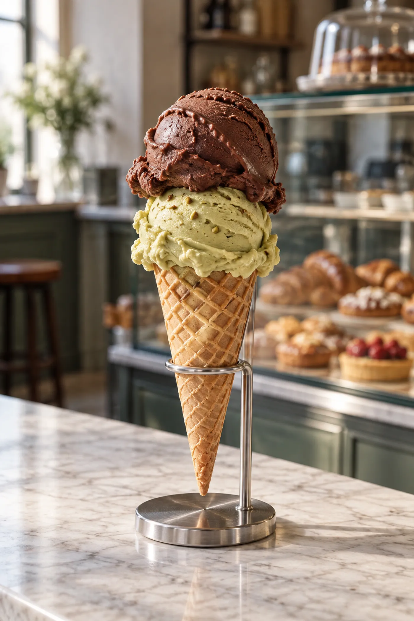 Illustration: eine Eiswaffel mit einer Kugel Pistazie und einer Kugel Schokolade in einem Halter auf einer Marmortheke
