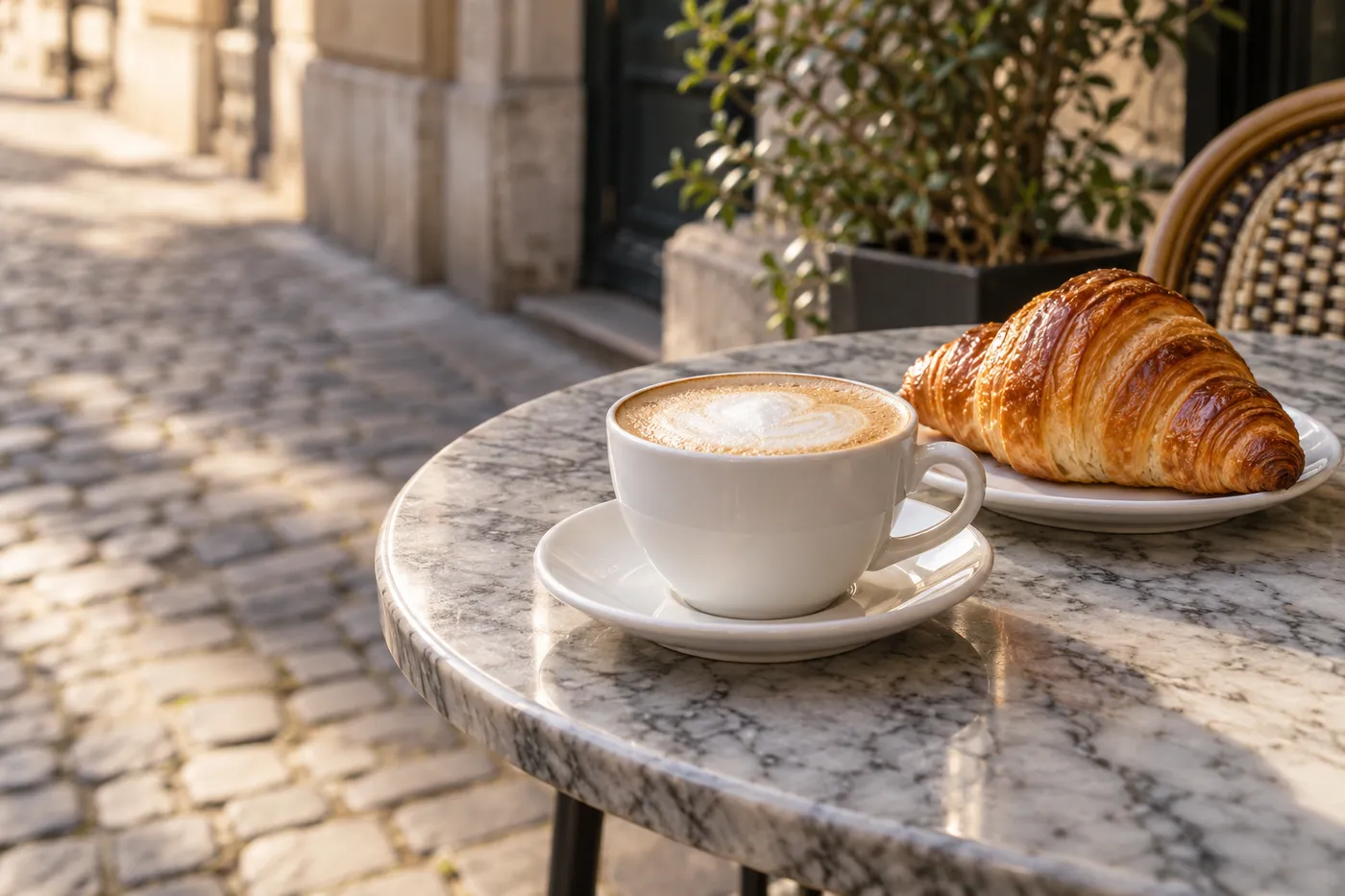 Illustration: ein Cappuccino und ein Croissant auf einem kleinen Marmortisch vor einem Altbau am Morgen